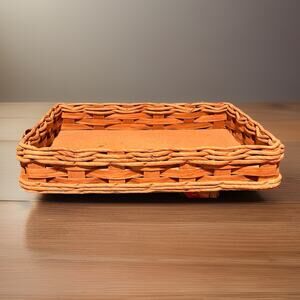 Vintage Pyrex Bamboo Rattan Weave Dish Carrier Server Leather Handles 14” X 10”